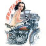 Illustration of a 1940s style girl on a classic motorcycle