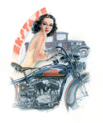 Illustration of a 1940s style girl on a classic motorcycle