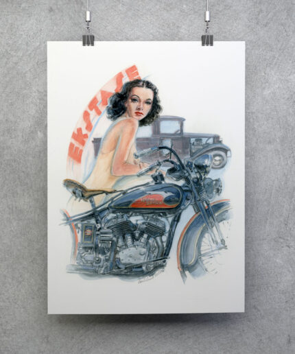 hanging poster of a 1940s pinup on a motorcycle