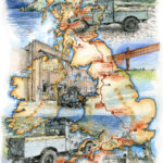 Illustrated map of route from Land's End to John O Groats in a classic Land Rover