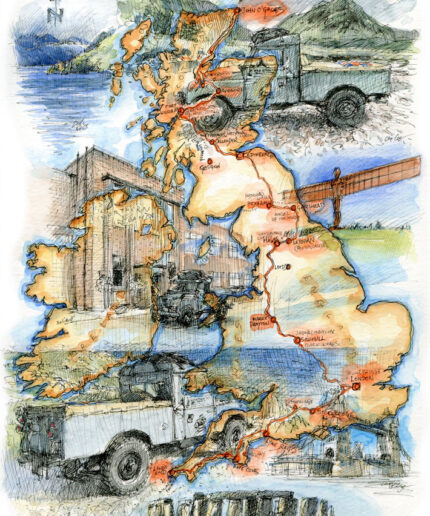 Illustrated map of route from Land's End to John O Groats in a classic Land Rover