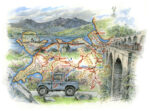 Illustrated map of North Wales with a Blue Land Rover Series III