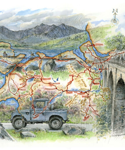 Illustrated map of North Wales with a Blue Land Rover Series III