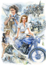 Illustration of wartime nurse on motorcycle