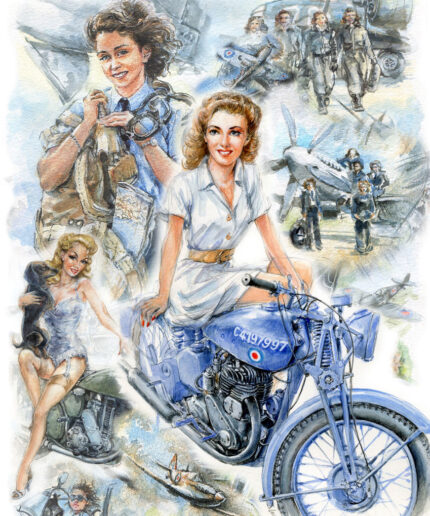 Illustration of wartime nurse on motorcycle