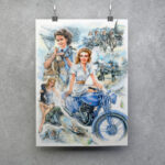 Hanging print illustration of wartime nurse on motorcycle
