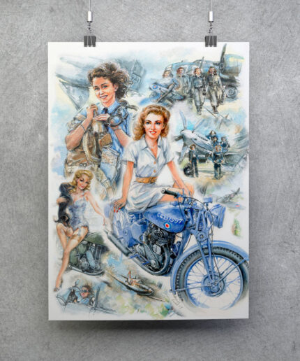Hanging print illustration of wartime nurse on motorcycle