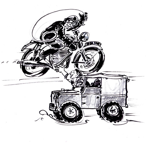 Black and white sketch of a man riding a motorbike and a woman in a Land Rover
